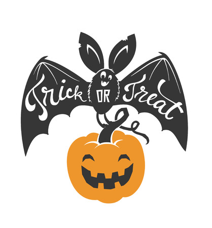 Cartoon flying bat with spread wings and Trick or Treat text written on it holding Halloween pumpkin lantern isolated on white background. Vector illustration for greeting card, party invitation.のイラスト素材