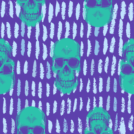 Psychedelic seamless pattern with green human skulls drawn against purple background with short blue paint traces. Vector illustration in pop art style for wallpaper, textile print, wrapping paper.のイラスト素材