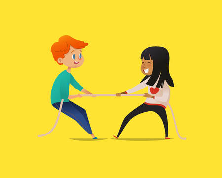 Redhead boy and dark haired girl pulling opposite ends of rope. Tug of war contest between kids of different gender. Concept of sports game or competitive activity for children. Vector illustrationのイラスト素材