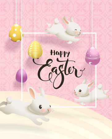 Easter flyer or postcard template with colorful eggs hanging on strings, cute bunnies, square border and hand written inscription against pink and yellow textured background. Vector illustration.のイラスト素材