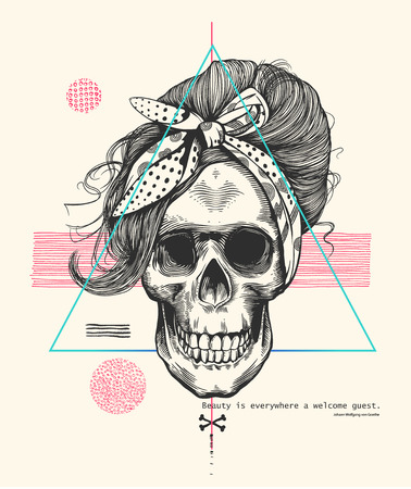 Womens skeleton skull in woodcut style with fashionable hairstyle wearing cool scarf against hipster abstract background. Vector illustration can be used as t-shirt print, poster, postcard etc.のイラスト素材