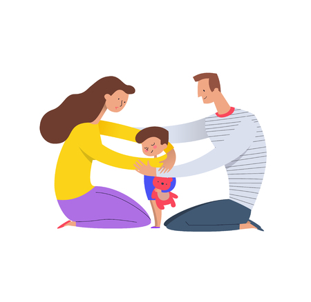 Parents hugging son. Mom and dad embracing their child holding teddy bear. Concept of loving family and happy parenting. Flat cartoon characters isolated on white background. Vector illustration.のイラスト素材