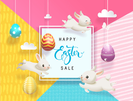 Happy Easter Sale card decorated eggs hanging on strings with bunnies abstract background, funny little bunnies, square frame and Happy Easter hand lettering.のイラスト素材