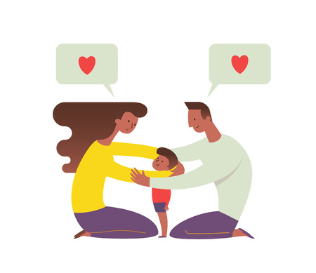 Parents hugging son. Mom and dad embracing their child and talking to him. Concept of loving family and happy parenting. Flat cartoon characters isolated on white background. Vector illustrationのイラスト素材