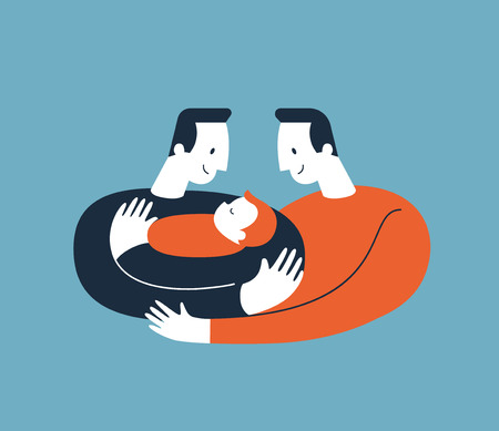 Two men hugging and cuddling baby boy or girl and nursing him. Gay parents embracing newborn adopted baby and expressing love and care. Lesbian and Gay Parents concept. Modern illustration. Vector.のイラスト素材