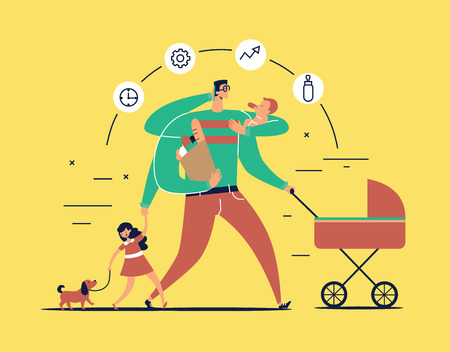 Man with task icons around head and several arms carries newborn child, stroller, bag with food, talks on phone and leads daughter walking dog on leash. Concept of single father. Vector illustrationのイラスト素材