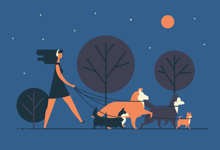 Young woman wearing dress and headphones walks dogs on leash along night street. Girl leisurely strolls with her pets at park in evening. Cartoon colorful vector illustration in modern flat style.のイラスト素材