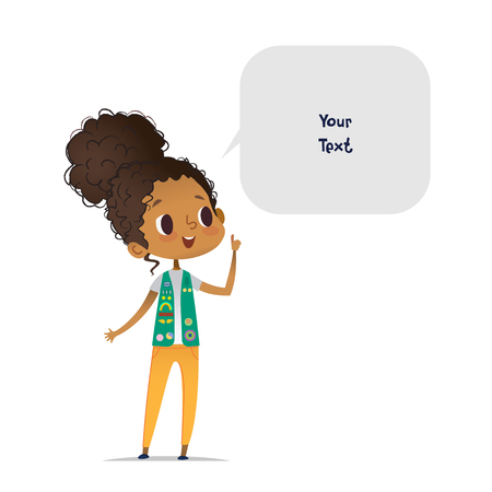 Young smiling African American girl scout dressed in uniform with badges and patches and speech bubble with place for text isolated on white background. Female scouter, member of troop, speaker.