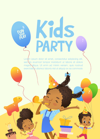 Joyous African-American kids in birthday hats and balloons happily jump. Cute rabbits, a bunch of presents on the background. Vector Illustration of a Happy Birthday Greeting Card or invitation flyerのイラスト素材