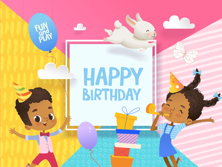 Joyous African-American Boy and girl in birthday hats happily jump. Vector Illustration of a Happy Birthday Greeting Card with balloons, cute rabbits, a bunch of presents on the backgroundのイラスト素材
