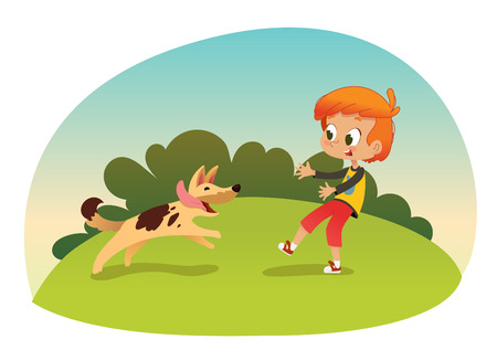 Cute smiling little boy playing with the dog at the neighborhood. Boy and his friend dog running through the garden. Outdoors activities. Best friend concept. Vector illustration.のイラスト素材