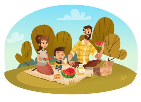 Happy family on a picnic. Dad, mom, son and daughter are resting in nature. Vector illustration in a flat styleのイラスト素材