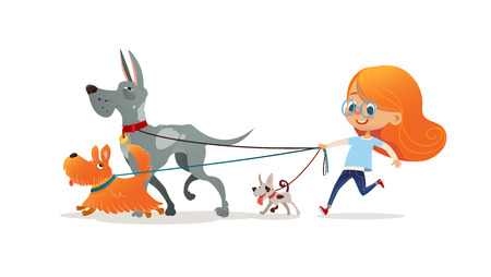 Little redhead girl walking three dog on leash. Cute child running with doggies. Adorable kid with red hair and her pets isolated on white background. Flat cartoon colorful vector illustration.のイラスト素材