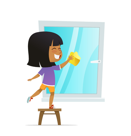 Smilind girl washing window, Concept of Montessori engaging educational activities. Cartoon vector illustrationのイラスト素材