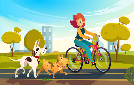 Vector cartoon illustration of young redhead woman riding bicycle in a park or countryside and a dog runs near her. Female cartoon character. Pets on a walk.のイラスト素材