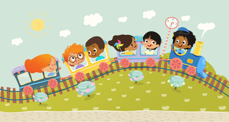 Illustration of the multiracial kids having trip on a train. School kids boys and girls laughing and traveling by colorful train on a green hills. Vector. Can be used for web, poster, banner.のイラスト素材