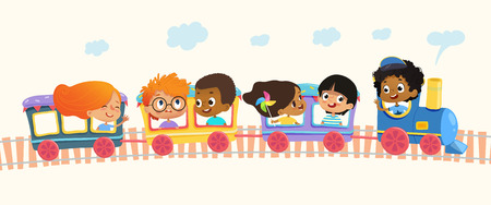 Multiracial School kids boys and girls laughing and traveling by colorful train on a green hills. Vector. Isolated. Can be used for web, poster, banner.のイラスト素材
