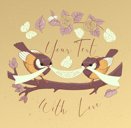 Bird Couple Cute Card with Vintage Flower. Beautiful Happy Birthday Greeting Circular Banner. Vector Party Invitation Cartoon Illustration.のイラスト素材
