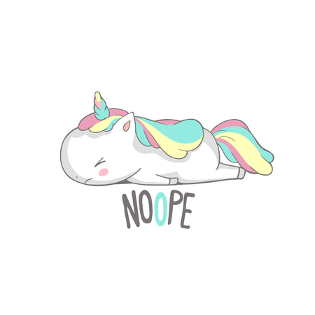 Angry Sad Unicorn Lies Say Nope Poster Design. Little Cute Tired Horn Horse Sleep. Lazy Funny Character Relax on White. Can be used for t-shirt print, kids wear fashion, baby shower invitationのイラスト素材