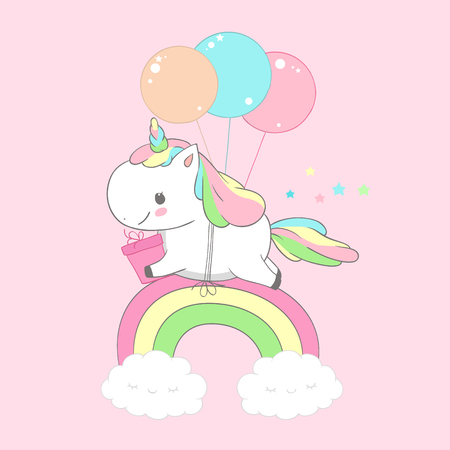 Unicorn Holding Present Over Rainbow Birthday Card. Happy Little Pony Fly on Balloon. Child Holiday Greeting Magic Poster Design on Pink Background.のイラスト素材