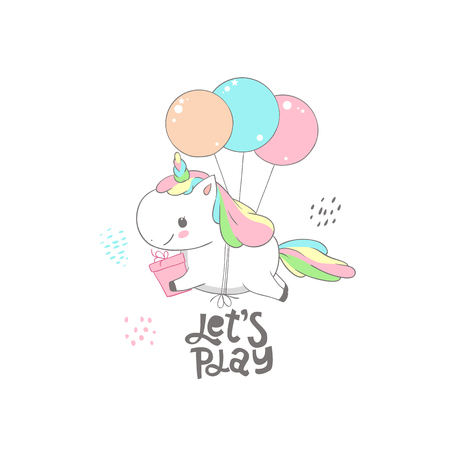 Cute Baby Unicorn Fly on Balloon Dream Card Design. Magic Fantasy Pony Character Holding Gift Box Birthday Banner Can be used for t-shirt print, kids wear fashion design, baby shower invitation cardのイラスト素材