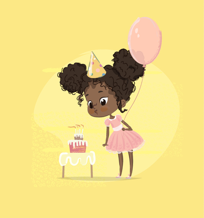 African American Kid Girl Blow Birthday Cake Candle Holding Balloon. Cute Baby Girl Blowing out Birth Party Cupcake. Child Preschool Character in Pink Dress Poster Card Design Flat Cartoon Vector.のイラスト素材