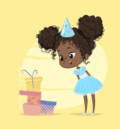 Happy Kid Girl Surprised of Birthday Present Box. Cute Child Character Looking to Various Gift. Childhood Christmas Holiday Celebration Invitation Card Design. Flat Cartoon Vector Illustration.のイラスト素材