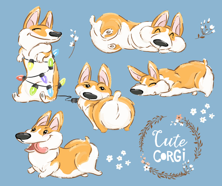 Cute Corgi Dog Puppy Play Vector Set. Funny Fox Pet Character Collection. Awesome Happy Brown Doggy Isolated on Blue Background Flat Cartoon Print Poster.のイラスト素材