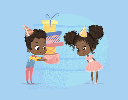 Smiling African American Child Boy Give Girl Birthday Gift Box. Brother Character Give Sister Surprise Present Poster Design. Happy Birth Party Celebration Flat Cartoon Vector Illustration.のイラスト素材