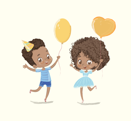 Baby Birthday Party Balloon Dance Poster. African American Boy Character have Fun with Girl Friend. Greeting Card Design. Flat Vector Cartoon Illustrationのイラスト素材