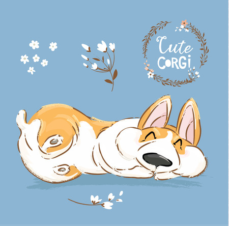 Cute Corgi Dog Puppy Sleep Vector Banner. Welsh Short Fox Pet Character Rest Pose Poster. Little Cheerful Brown Doggy Series in Flower on Blue Background Flat Cartoon Print Poster.のイラスト素材
