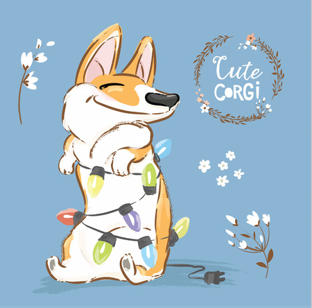 Corgi Dog Play Christmas Garland Vector Poster. Happy Fox Pet Character New Year Illustration Series with Flower. Little Orange Welsh Doggy Excited on Blue Background Flat Cartoon Print Banner.のイラスト素材