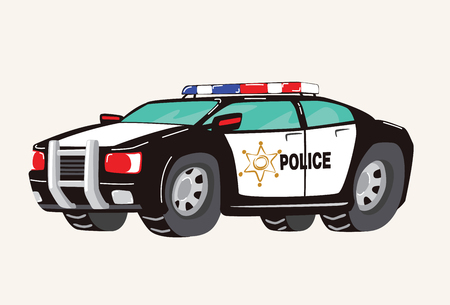 Funny cute hand drawn cartoon Police Car. Toy Cartoon Police Car. Toy Vehicles for Boys. Vector illustration.のイラスト素材