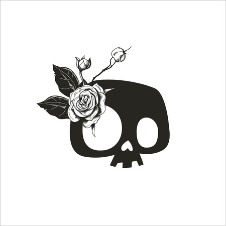 Fashion Human Flower Skull Black Print Poster. Floral T-shirt Print Badge Monochrome Design. Death Abstract Blackwork Tattoo Sign Template Flat Vector Illustrationのイラスト素材