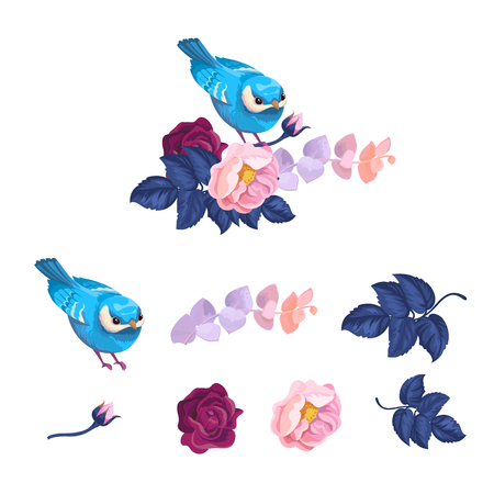 Spring Blue Bird on Flower Branch Watercolor Kit. Floral Summer Abstract Bouquet with Peony Leaf and Nightingale. Romantic Bud Blossom Artwork Element Set Flat Cartoon Vector Illustrationのイラスト素材