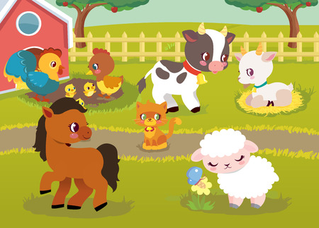 Farm Animal Happy Character Vector Illustration. Domestic Chicken, Horse and Sheep Outdoor behind Fence. Cat, Little Calf and Goat Play in Village Field Landscape Book Clipart Background.のイラスト素材