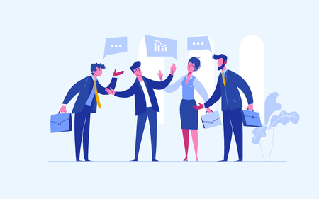 Stop conflict. Businessman referee finds compromise. Mediator solving competition. Conflict and solution. The man throws two fists. Vector illustration flat design. Isolated on white backgroundのイラスト素材
