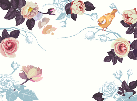 Spring Bird Flower Branch Watercolor Blank Bannerのイラスト素材