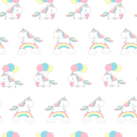 Unicorn Over Rainbow Fashion Seamless Pattern for Textile Doodle. Happy Little Pony Fly on Balloon. Magic Holiday Beautiful Element Design on White Background Flat Cartoon Vector Illustration.のイラスト素材