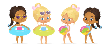 Happy Pool Party Multiracial Girl Character Setのイラスト素材