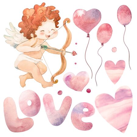 Funny little cupid blows a kiss. Watercolor Illustration of a Valentines Day. illustration in a cartoon style. Isolated on white backgroundの写真素材