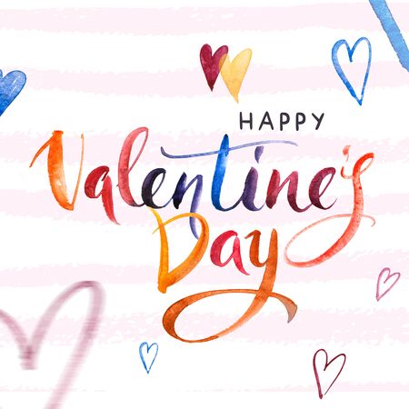 Happy Valentines day. Watercolor Hand drawn brush pen lettering and Hearts on background. Design holiday greeting card and invitation of wedding, Happy mother day, birthday, Valentines dayの写真素材