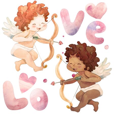 Funny little Angel-Boys. African-american cupid have fun. Watercolor Illustration of a Valentines Day. illustration in a cartoon style. Isolated on white backgroundの写真素材