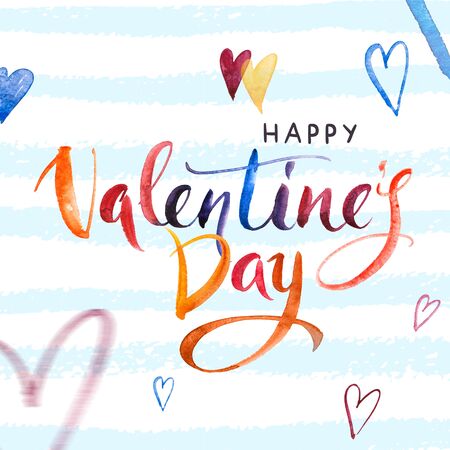 Happy Valentines day. Watercolor Hand drawn brush pen lettering and Hearts on background. Design holiday greeting card and invitation of wedding, Happy mother day, birthday, Valentines dayの写真素材