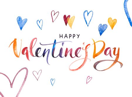 Happy Valentines day Banner. Watercolor Hand drawn brush pen lettering and Hearts on background. Design holiday greeting card and invitation of wedding, Happy mother day, birthday, Valentines dayの写真素材