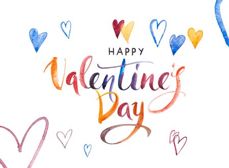 Happy Valentines day Card. Watercolor Hand drawn brush pen lettering and Hearts on background. Design holiday greeting card and invitation of wedding, Happy mother day, birthday, Valentines dayの写真素材