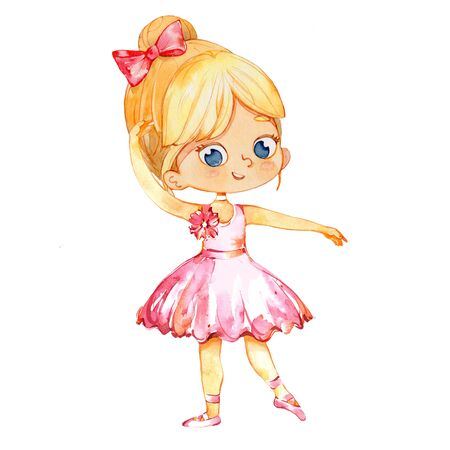 Blond Ballerina Princess Character Dancer Girl. Cute Child Girl wear pink Tutu Costume Training in School Class. Baby Ballet Poster Design Concept Watercolor Illustration. Isolated.の写真素材