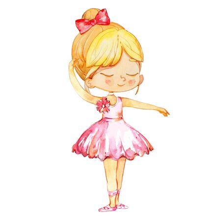 Cute Blond Ballerina Baby Girl Character Dancing. Elegant Little Child Posing Training Ballet Collection Poster Design for Print. Watercolor Cartoon Illustration. Isolatedの写真素材