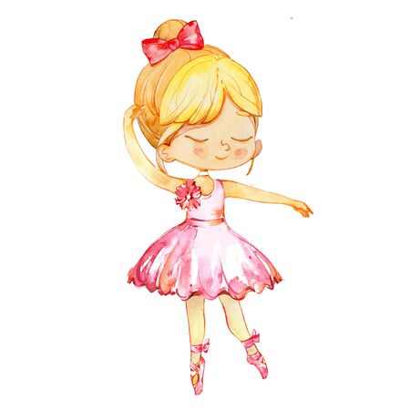 Tiny Ballerina Baby Girl Character Dancing Wearing Pink. Elegant Little Girl Child Posing Training Ballet. Poster Design for Print. Watercolor Cartoon Illustration. Isolated.の写真素材