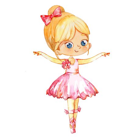 Blond Ballerina Princess Character Dancer Girl. Cute Child Girl wear pink Tutu Costume Training in School Class. Baby Ballet Poster Design Concept Watercolor Illustration. Isolatedの写真素材